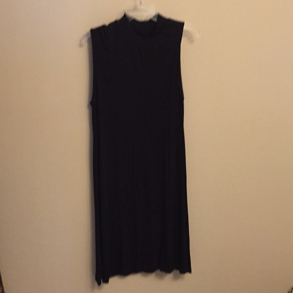 Black sleeveless knit dress with mock turtleneck